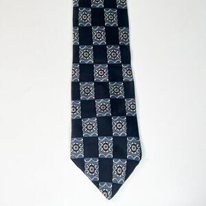 Elizabeth Nell Geometric Print Mens Neck Tie Black Blue 100% Silk Made in USA